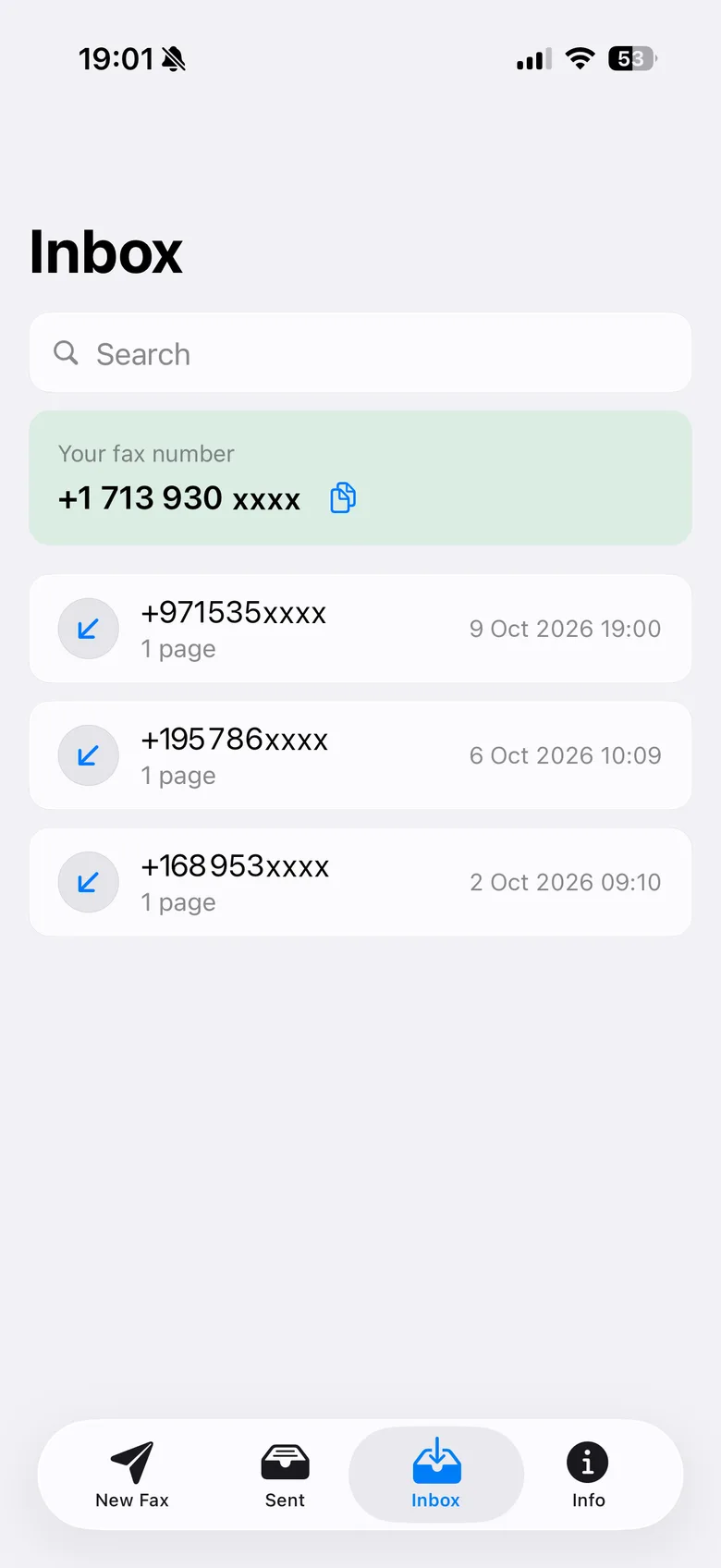 Inbox with your fax number and received faxes