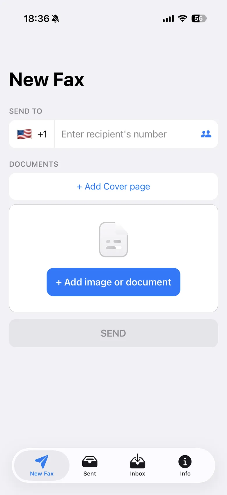 New Fax screen: enter a number and add a document